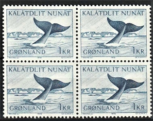 FRIMÆRKER GRØNLAND | 1970 - AFA 75 - Grønlandshval - 1 kr. blå i 4-blok - Postfrisk